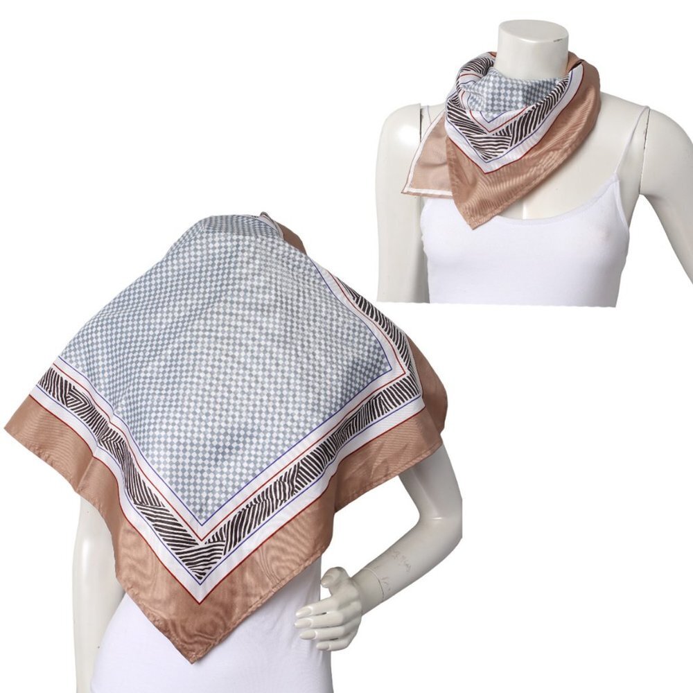 Vintage Poly Check Zebra Trim Scarf Square Lightweight Taupe Blue White Red